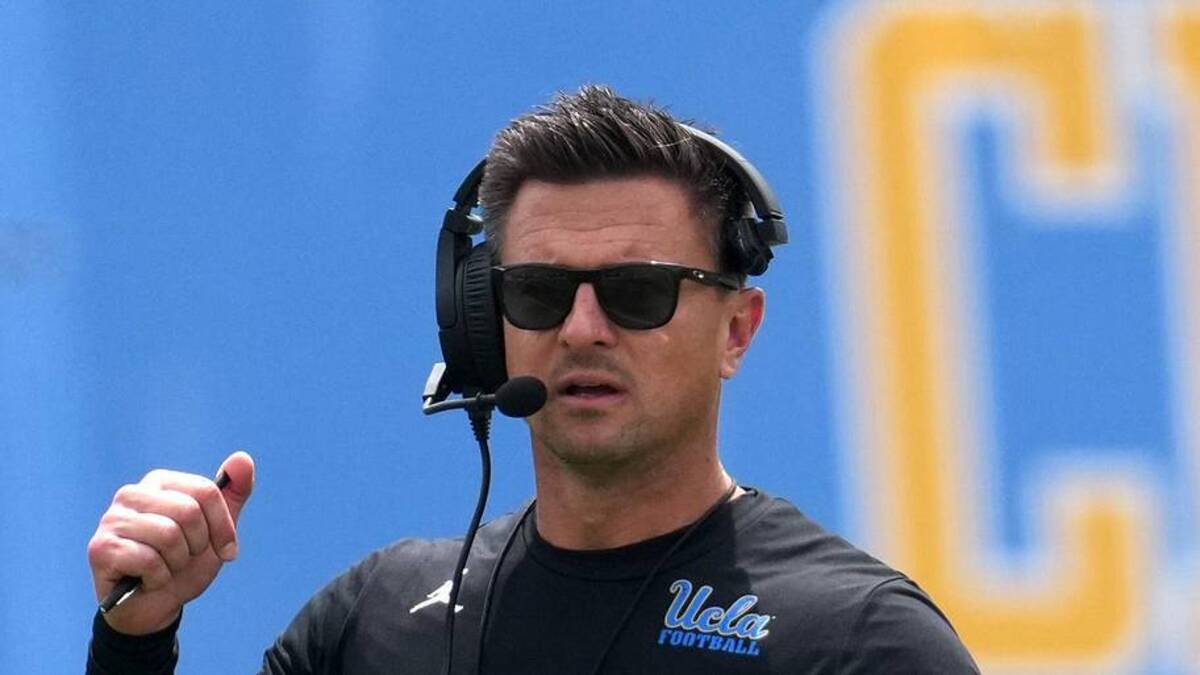  May 2, 2026; Pasadena, CA, USA; UCLA Bruins coach Bob Chesney reacts during the spring game at Rose Bowl. Mandatory Credit: Kirby Lee-Imagn Images | Kirby Lee-Imagn Images 