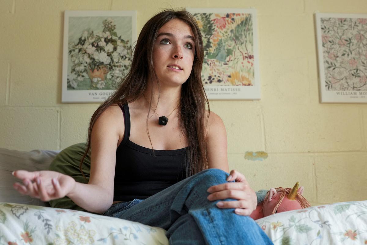 Harleigh Walker speaks during an interview in her dorm room at the University of Maryland, College Park, Maryland, U.S., May 16, 2026. REUTERS/Ken Cedeno