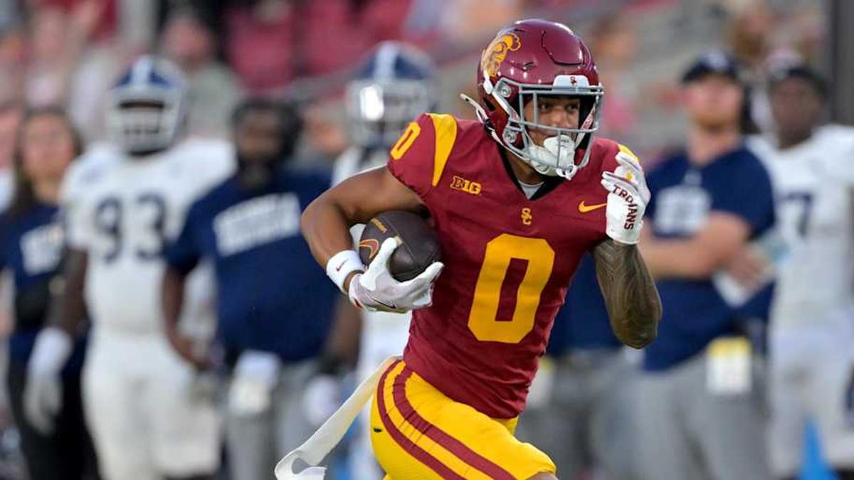  Sep 6, 2025; Los Angeles, California, USA; USC Trojans wide receiver Zacharyus Williams (0) runs just short of the end zone during the second half against the Georgia Southern Eagles at United Airlines Field at the Los Angeles Memorial Coliseum. Mandatory Credit: Jayne Kamin-Oncea-Imagn Images | Jayne Kamin-Oncea-Imagn Images 