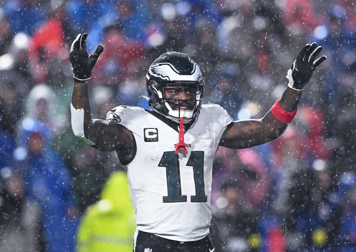  Philadelphia Eagles wide receiver A.J. Brown (11) during a timeout in the third quarter against the Buffalo Bills at Highmark Stadium. Mark Konezny-Imagn Images