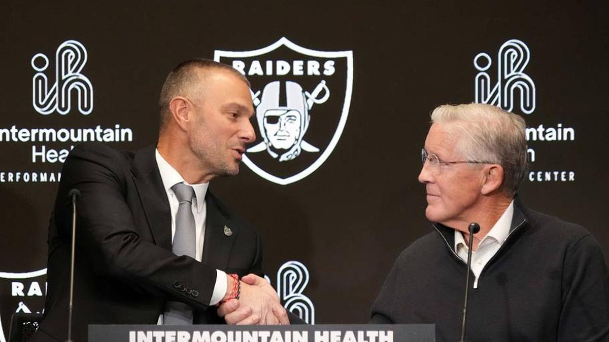  Jan 27, 2025; Las Vegas, NV, USA; Las Vegas Raiders general manager John Spytek (left) and coach Pete Carroll at press conference at Intermountain Health Performance Center. Mandatory Credit: Kirby Lee-Imagn Images | Kirby Lee-Imagn Images 