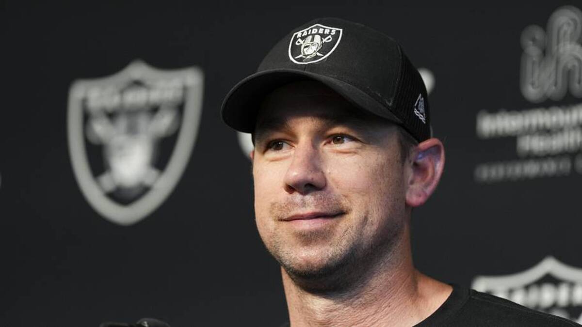  May 20, 2026; Henderson, NV, USA; Las Vegas Raiders head coach Klint Kubiak speaks during a news conference during organized team activities at Intermountain Health Performance Center. Mandatory Credit: Candice Ward-Imagn Images | Candice Ward-Imagn Images 