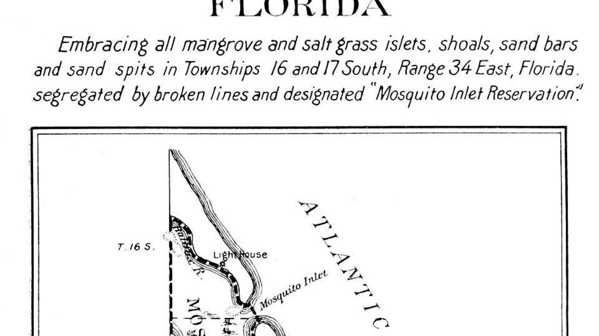 President Theodore Roosevelt in February 1908 signed an executive order establishing Mosquito Inlet Reservation to preserve mangrove islets and sandbars in Volusia County for protection of native birds.