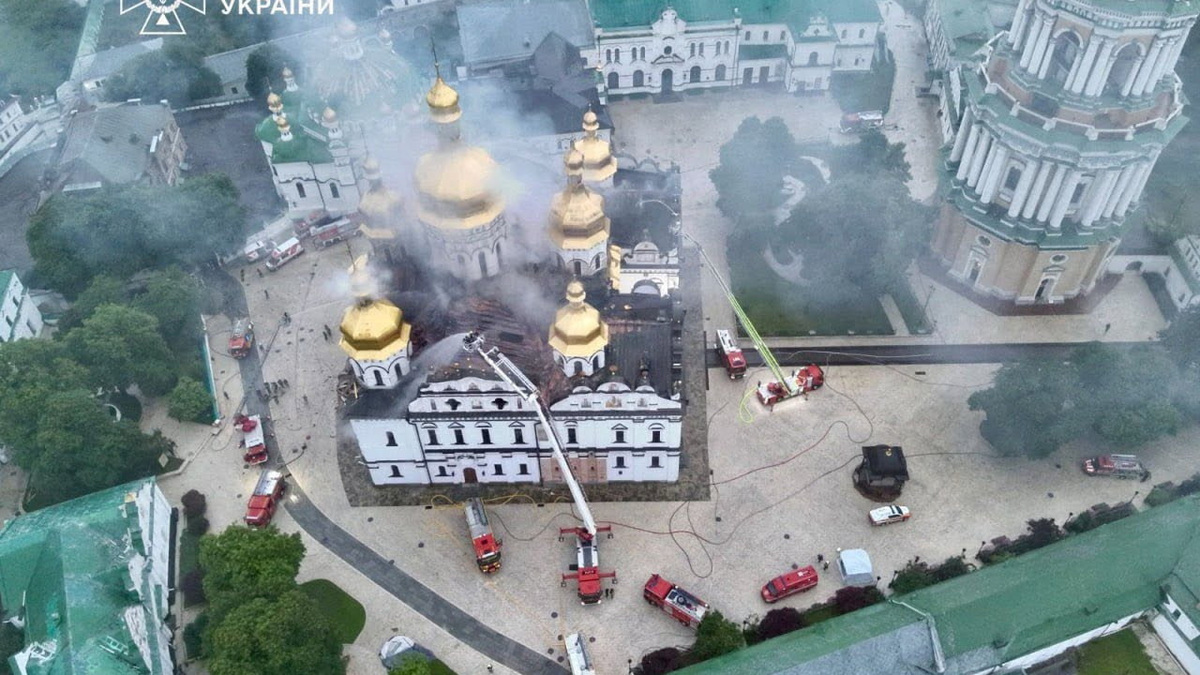 A drone view shows firefighters as they work to extinguish a fire at the Dormition Cathedral of the Kyiv Pechersk Lavra, which was hit during Russian missile and drone strikes, amid Russia's attack on Ukraine, in Kyiv, Ukraine June 15, 2026. Press service of the State Emergency Service of Ukraine/Handout via REUTERS