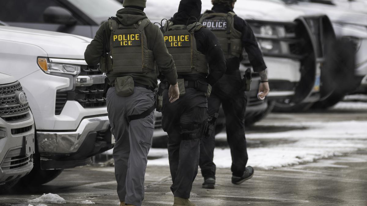 Federal Agents Descend On Minneapolis For Immigration Enforcement Operations. ICE agents depart the Bishop Henry Whipple Federal Building on February 4, 2026 in Minneapolis, Minnesota.