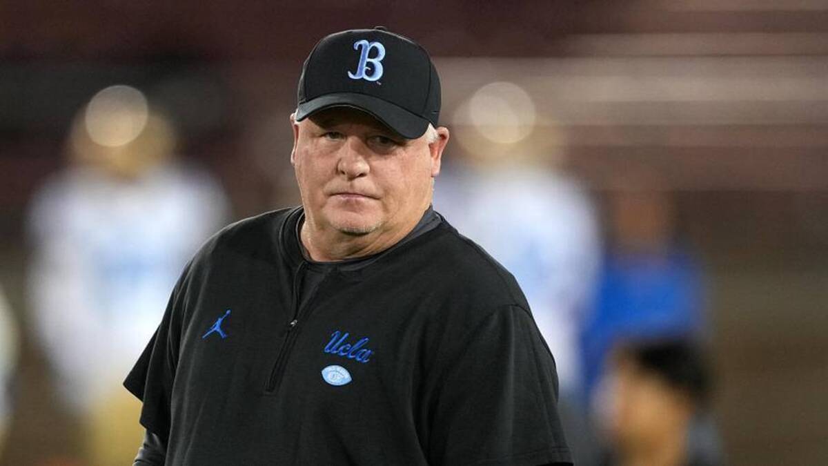  Oct 21, 2023; Stanford, California, USA; UCLA Bruins head coach Chip Kelly stands on the field before the game against the Stanford Cardinal at Stanford Stadium. Mandatory Credit: Darren Yamashita-Imagn Images | Darren Yamashita-Imagn Images 