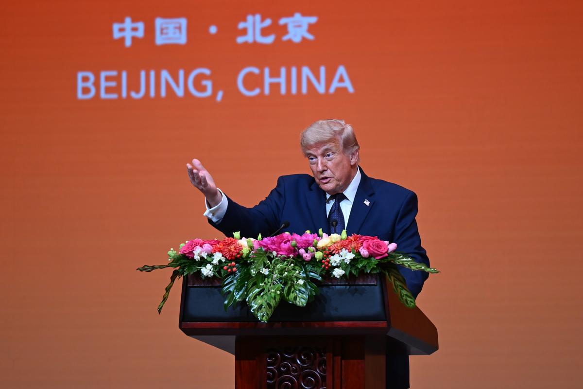 President Donald Trump delivers remarks at a state banquet at the Great Hall of the People in Beijing during a two-day summit with President Xi Jinping of China, on Thursday, May 14, 2026. During the first U.S. presidential visit to China in nearly a decade, Xi delivered a warning on Taiwan, saying that the issue, if handled poorly, could lead to conflict and "an extremely dangerous situation." (Kenny Holston/The New York Times)..