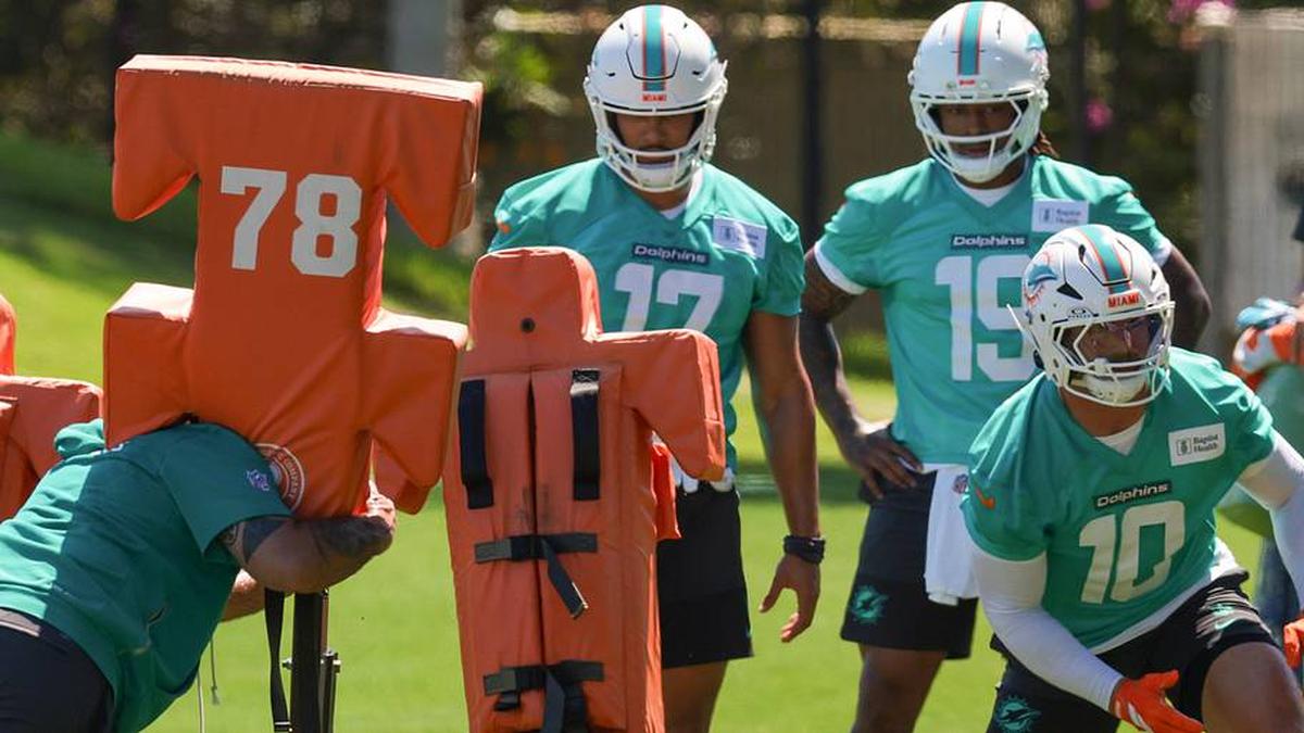  May 8, 2026; Miami Gardens, FL, USA; Miami Dolphins inside linebacker Jacob Rodriguez (10) works during rookie minicamp at Baptist Health Training Complex. Mandatory Credit: Sam Navarro-Imagn Images | Sam Navarro-Imagn Images 