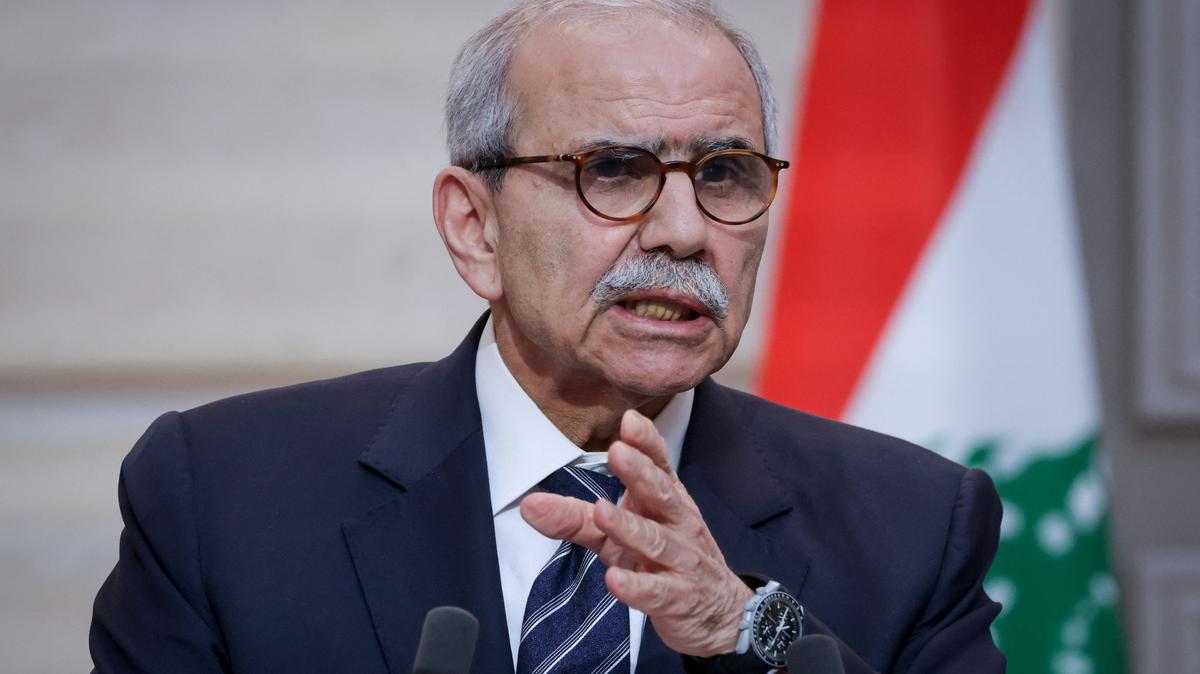 Lebanese Prime Minister Nawaf Salam speaks during a declaration press event held along with French President Emmanuel Macron (not pictured) following their meeting at the Elysee Presidential Palace in Paris, France, April 21, 2026. Ludovic Marin/Pool via REUTERS/File Photo