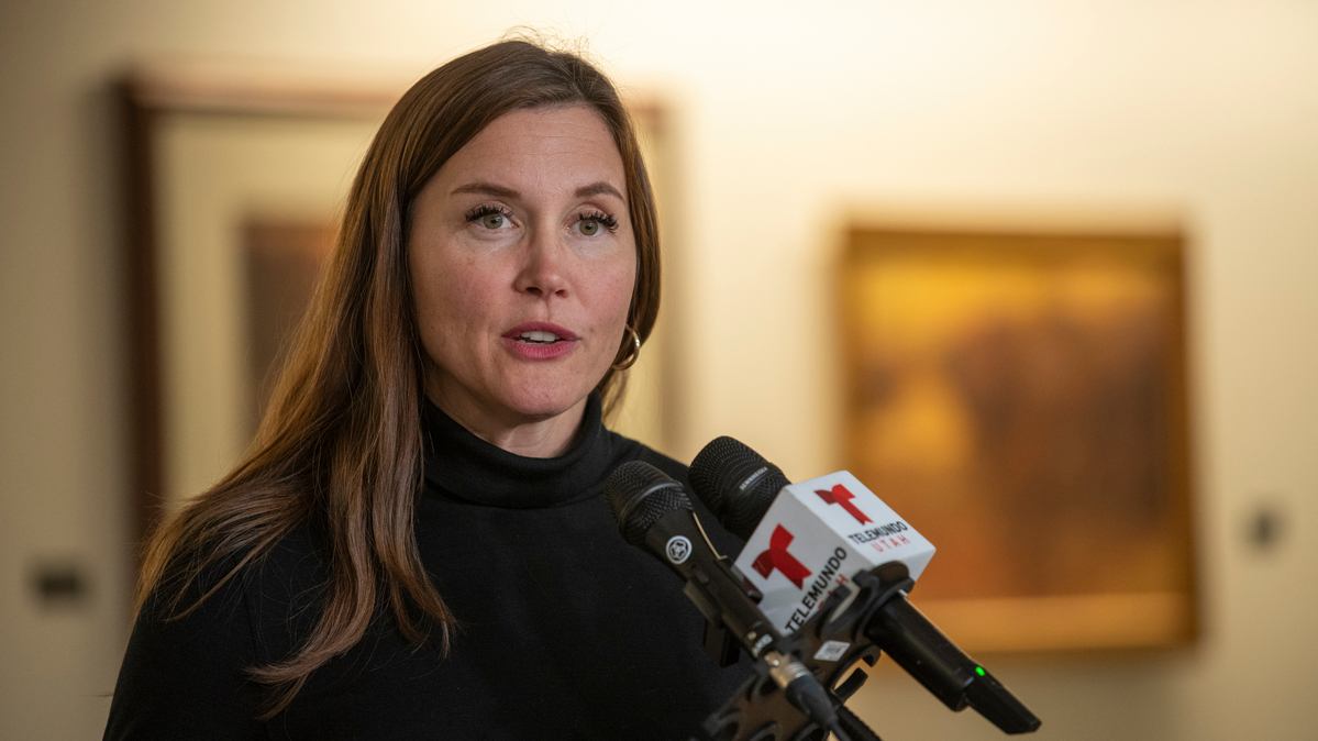 Immigration Detention Expansion. FILE - Salt Lake City Mayor Erin Mendenhall speaks at the Salt Lake City International Airport in Salt Lake City, Oct. 16, 2025. (AP Photo/Marielle Scott, File)