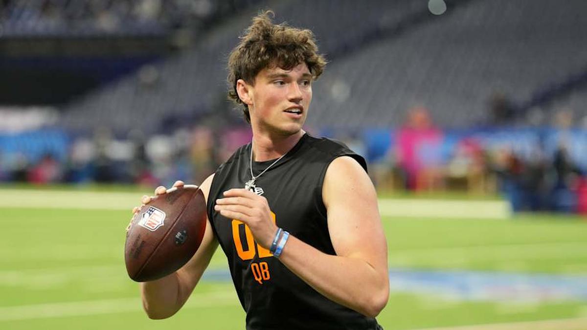 Penn State quarterback Drew Allar (QB02) during the NFL Scouting Combine at Lucas Oil Stadium. | Kirby Lee-Imagn Images 