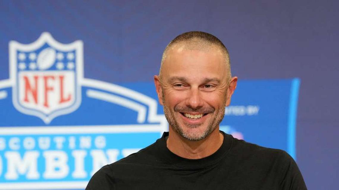  Feb 24, 2026; Indianapolis, IN, USA; Las Vegas Raiders general manager John Spytek speaks at the NFL Scouting Combine at the Indiana Convention Center. Mandatory Credit: Kirby Lee-Imagn Images | Kirby Lee-Imagn Images 