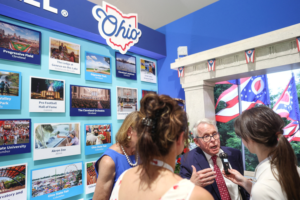 Governor Mike DeWine, (R-OH) speaks to constituents and news media inside the Ohio state exhibit at the Great American State Fair on the National Mall in Washington, D.C., U.S., June 25, 2026. REUTERS/Tom Brenner
