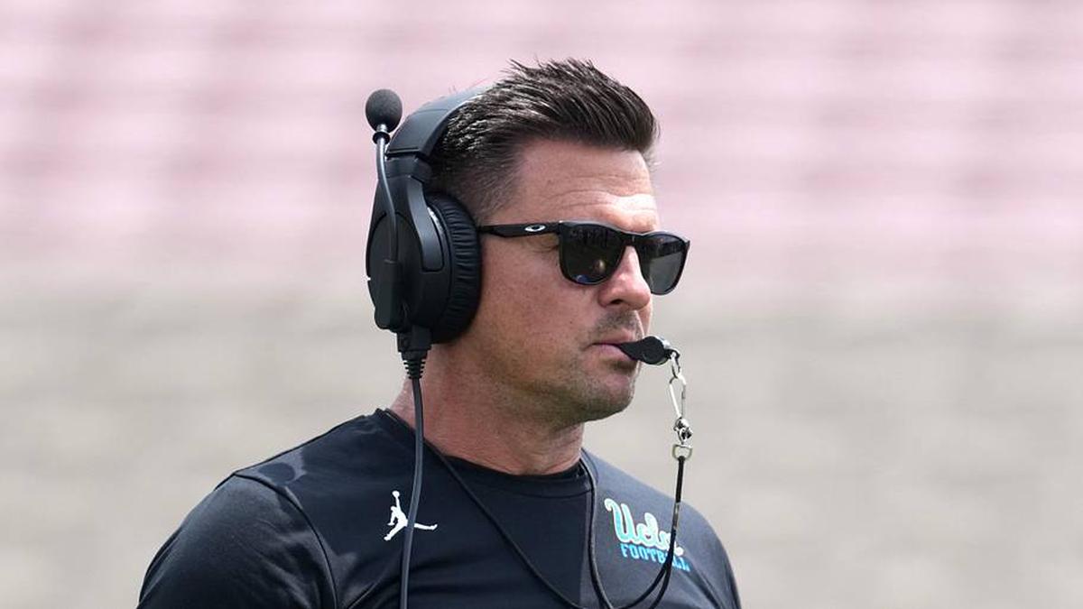  May 2, 2026; Pasadena, CA, USA; UCLA Bruins coach Bob Chesney reacts during the spring game at Rose Bowl. Mandatory Credit: Kirby Lee-Imagn Images | Kirby Lee-Imagn Images 