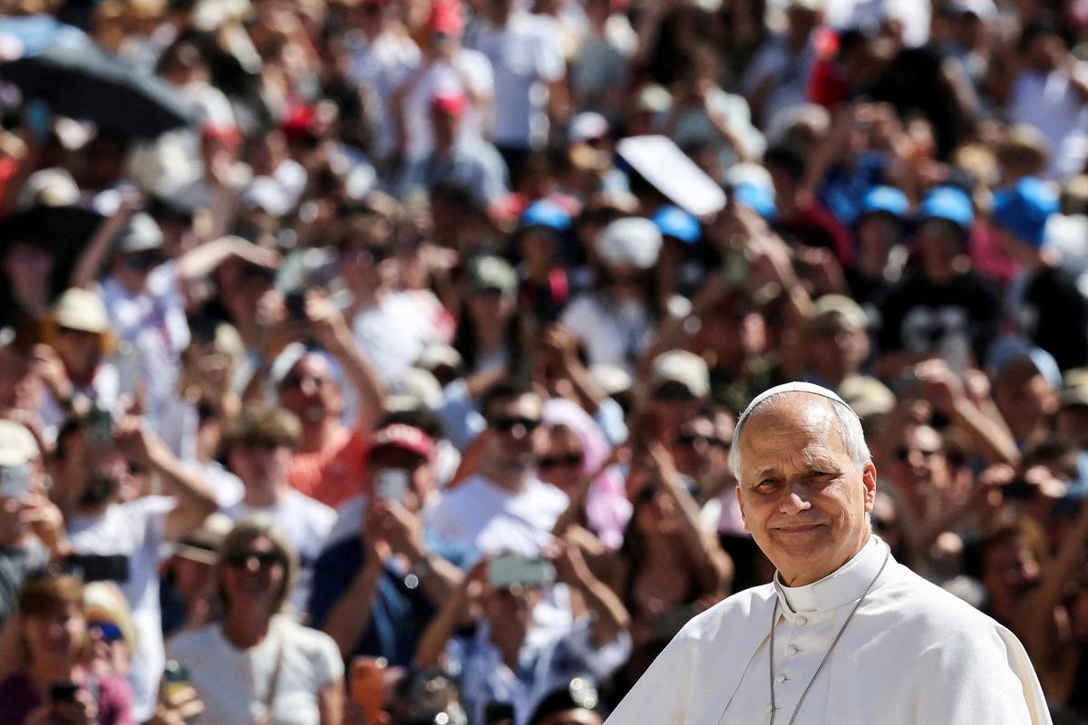 FILE PHOTO: Pope Leo XIV arrives for the weekly general audience in St. Peter's Square at the Vatican, May 27, 2026. REUTERS/Yara Nardi/File Photo