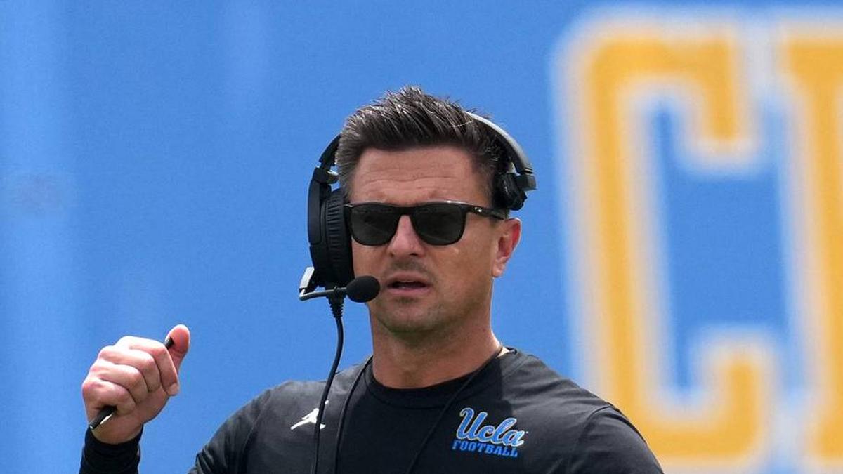  May 2, 2026; Pasadena, CA, USA; UCLA Bruins coach Bob Chesney reacts during the spring game at Rose Bowl. Mandatory Credit: Kirby Lee-Imagn Images | Kirby Lee-Imagn Images 
