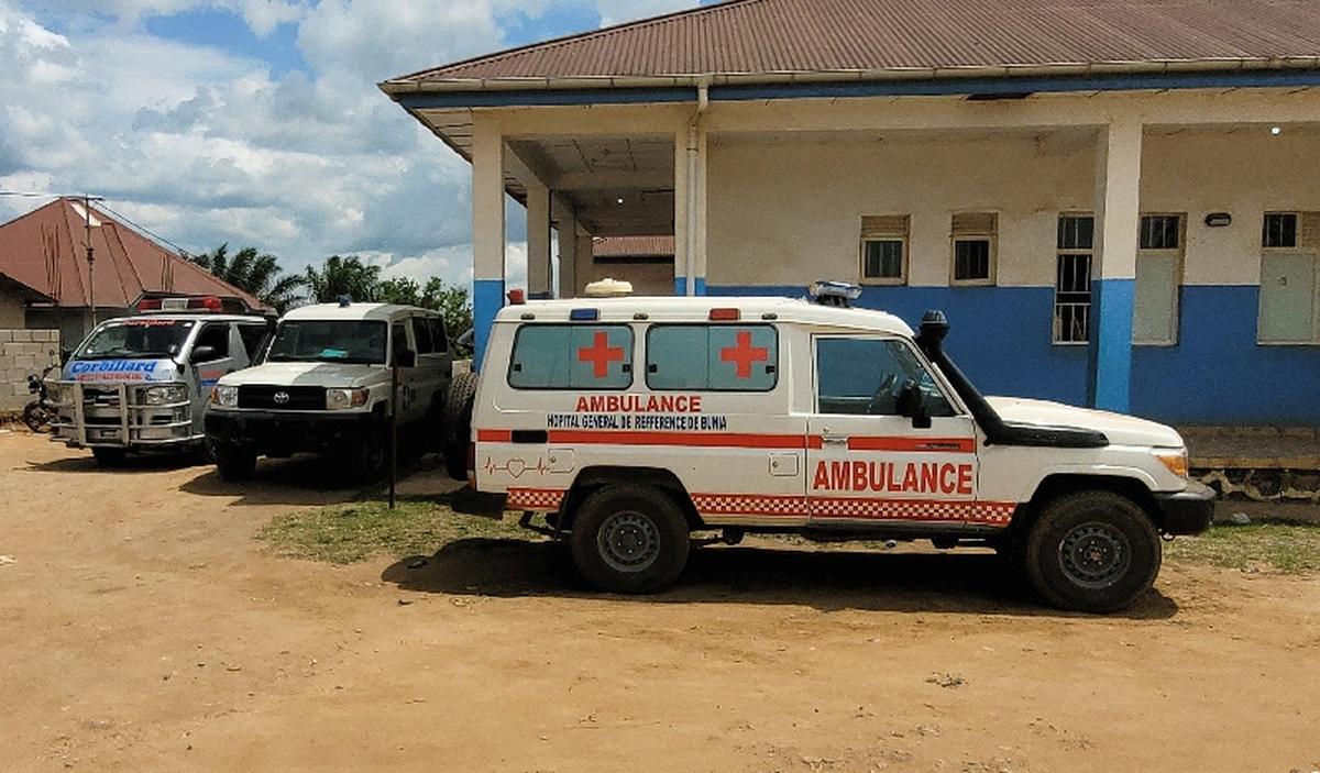 Ambulances parked at Bunia General Referral Hospital following confirmation of an Ebola outbreak involving the Bundibugyo strain in Bunia, Ituri province, Democratic Republic of Congo, May 16, 2026. Picture taken with a mobile phone. REUTERS/Victoire Mukenge