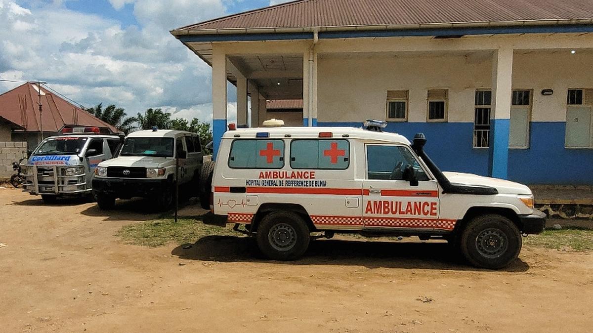 Ambulances parked at Bunia General Referral Hospital following confirmation of an Ebola outbreak involving the Bundibugyo strain in Bunia, Ituri province, Democratic Republic of Congo, May 16, 2026. Picture taken with a mobile phone. REUTERS/Victoire Mukenge