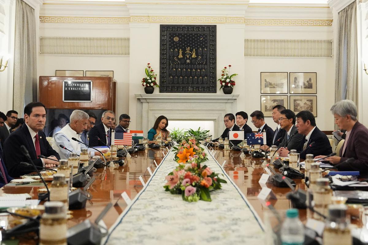 U.S. Secretary of State Marco Rubio, Australian Foreign Minister Penny Wong, India's Minister of External Affairs S. Jaishankar, and Japanese Foreign Minister Toshimitsu Motegi during the Quad ministerial meeting at Hyderabad House in New Delhi, India, Tuesday, May 26, 2026. Julia Demaree Nikhinson/Pool via REUTERS