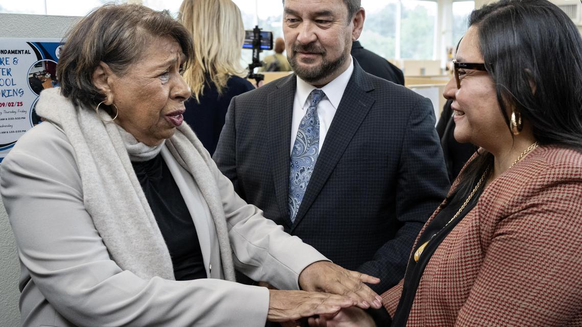 Sylvia Mendez, left, meets Consul of Mexico in Santa Ana, Maxaira Baltazar, as Orance County Clerk-Recorder Hugh Nguyen, looks on. They were at a press conference recognizing Mendez for her landmark case in 1947, Mendez v. Westminster, that ended segregation in California. (Photo by Mindy Schauer, Orange County Register/SCNG)