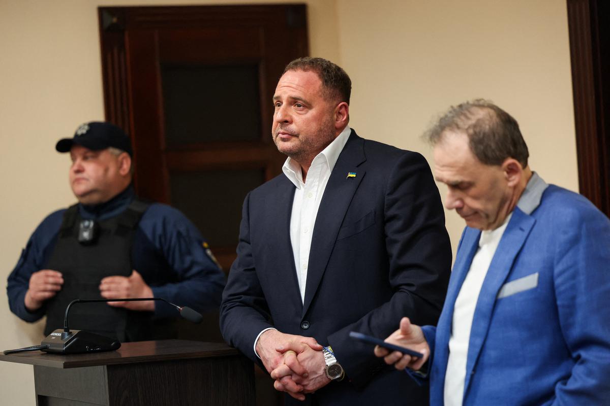 Former Head of the Presidential Office Andriy Yermak, who according to the National Anti-Corruption Bureau of Ukraine is a suspect in a corruption probe, appears at court for a hearing on the choice of a preventive measure, amid Russia’s attack on Ukraine, in Kyiv, Ukraine, May 12, 2026. REUTERS/Alina Smutko