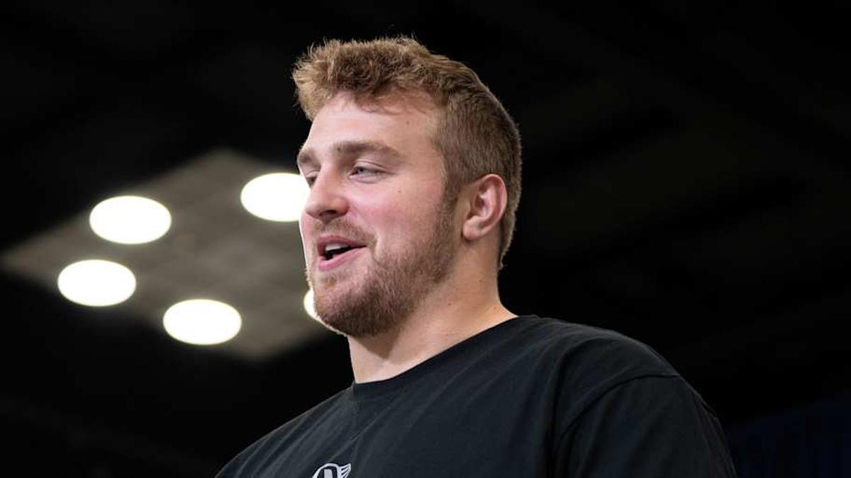  Feb 28, 2026; Indianapolis, IN, USA; Texas A&M offensive lineman Trey Zuhn (OL57) speaks to members of the media during the NFL Combine at the Indiana Convention Center. Mandatory Credit: Jacob Musselman-Imagn Images | Jacob Musselman-Imagn Images 