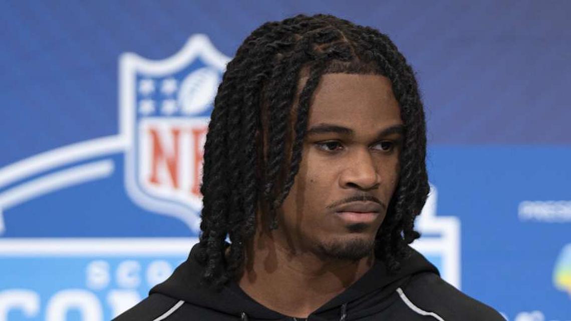  Feb 26, 2026; Indianapolis, IN, USA; Tennessee defensive back Jermod McCoy (DB20) speaks to media members during the NFL Combine at the Indiana Convention Center. Mandatory Credit: Jacob Musselman-Imagn Images | Jacob Musselman-Imagn Images 