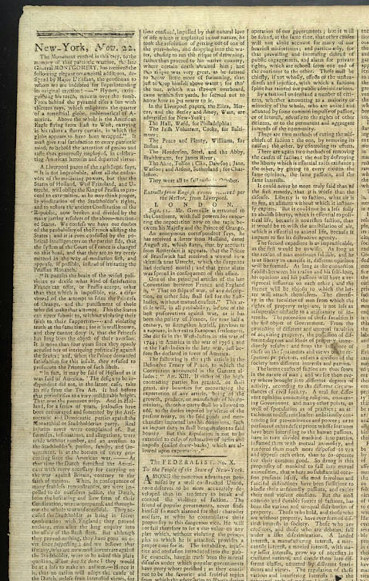  James Madison's essay, known as Federalist X, was published under the pseudonym ‘Publius' in the New York Daily Advertiser on Nov. 22, 1787. Library of Congress 