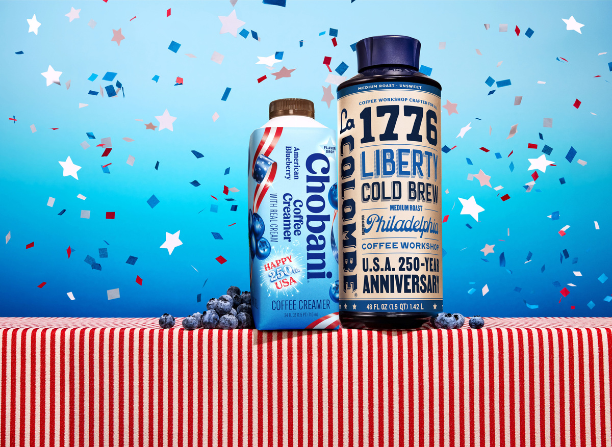 Chobani's American Blueberry creamer and La Colombe's limited-time packaging are available to celebrate America’s 250th anniversary.