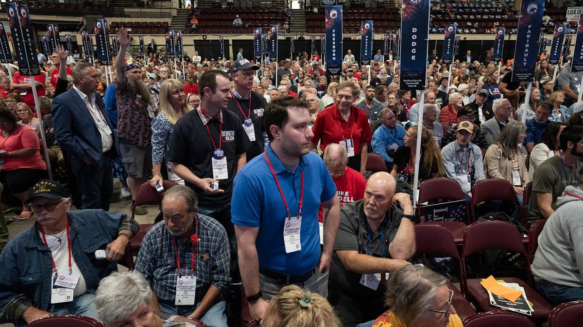 Delegates voice their concerns on how to proceed with clicker votes between gubernatorial candidates Kendall Qualls and Lisa Demuth for the GOP nomination during the second day of the Minnesota GOP state convention Saturday, May 30, 2026, in Duluth, Minn. (Richard Tsong-Taatarii/The Minnesota Star Tribune/TNS)