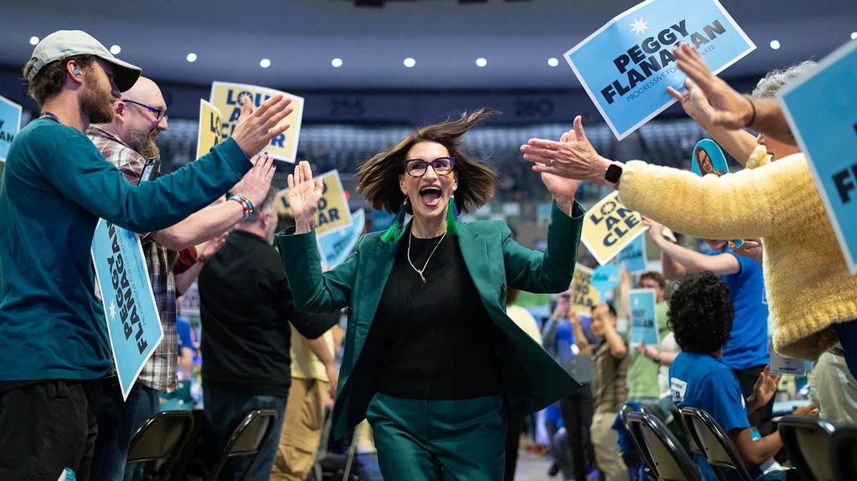 Lt. Gov. Peggy Flanagan, who is a candidate for U.S. Senate, runs toward the stage after receiving the DFL endorsement for U.S. Senate during Day 2 of the Minnesota DFL Party Convention in the Mayo Civic Center in Rochester, Minnesota, on Saturday, May 30, 2026. (Alex Kormann/The Minnesota Star Tribune/TNS)