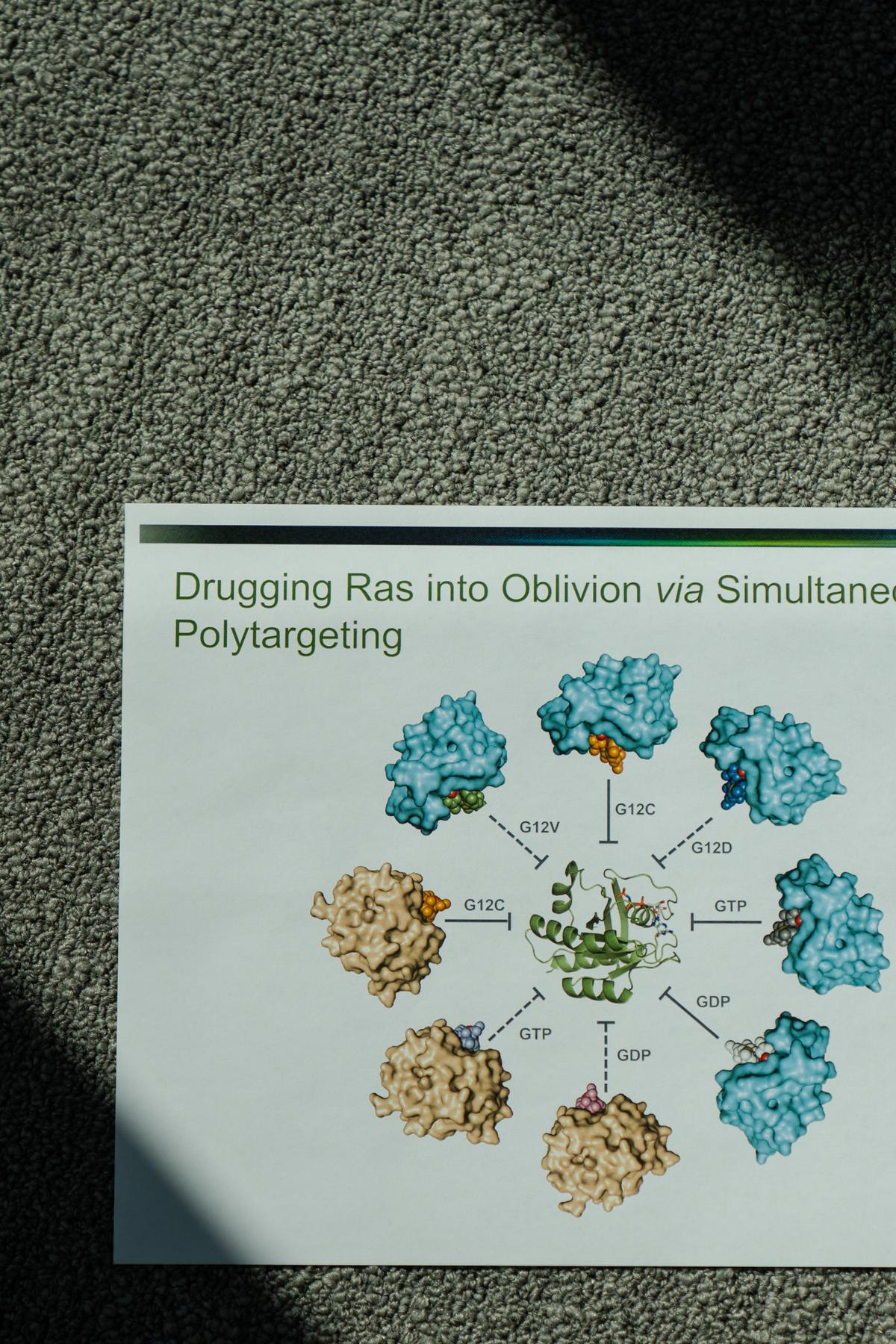 A presentation slide in the office of Greg Verdine, a scientist at Harvard who worked to design a molecular glue to disable the KRAS cellular protein that fuels nearly all pancreatic tumors, in Watertown, Mass. on May 7, 2026. Verdine and his team developed a strategy to stick a drug onto another protein in the cell, cyclophilin, and then use the larger combined surface to wrap around KRAS and shut it down. (Sophie Park/The New York Times)..