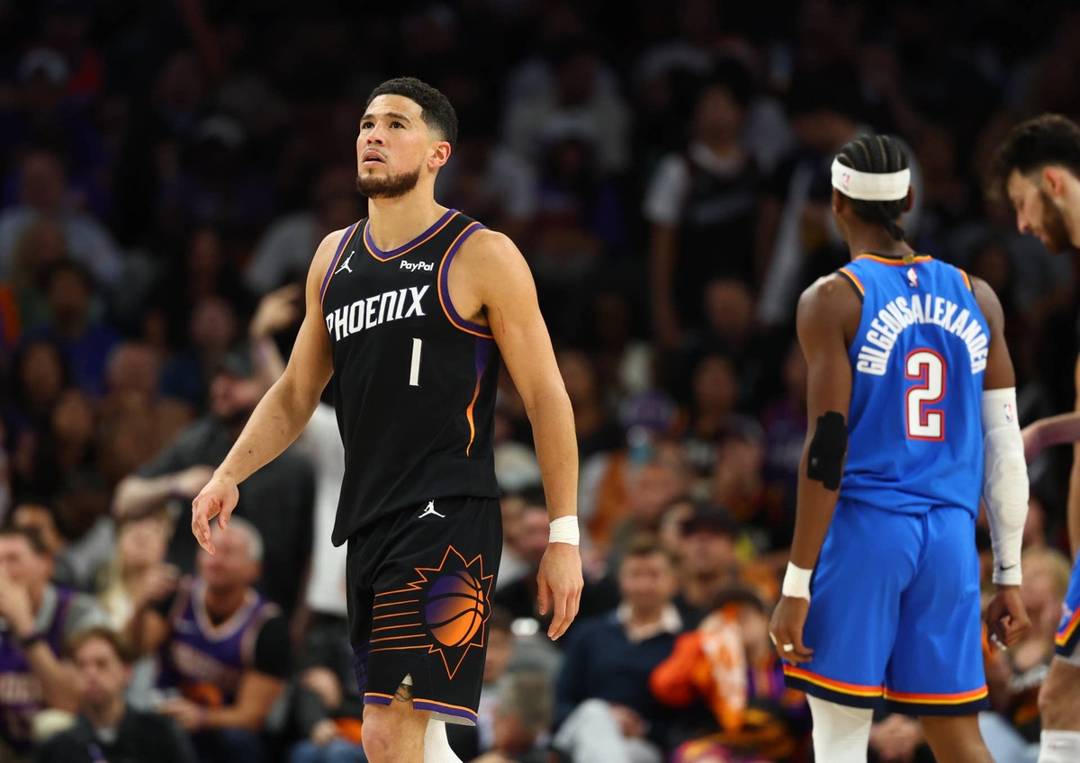  Phoenix Suns guard Devin Booker reacts against Oklahoma City Thunder during the 2026 NBA playoffs. Mark J. Rebilas-Imagn Images
