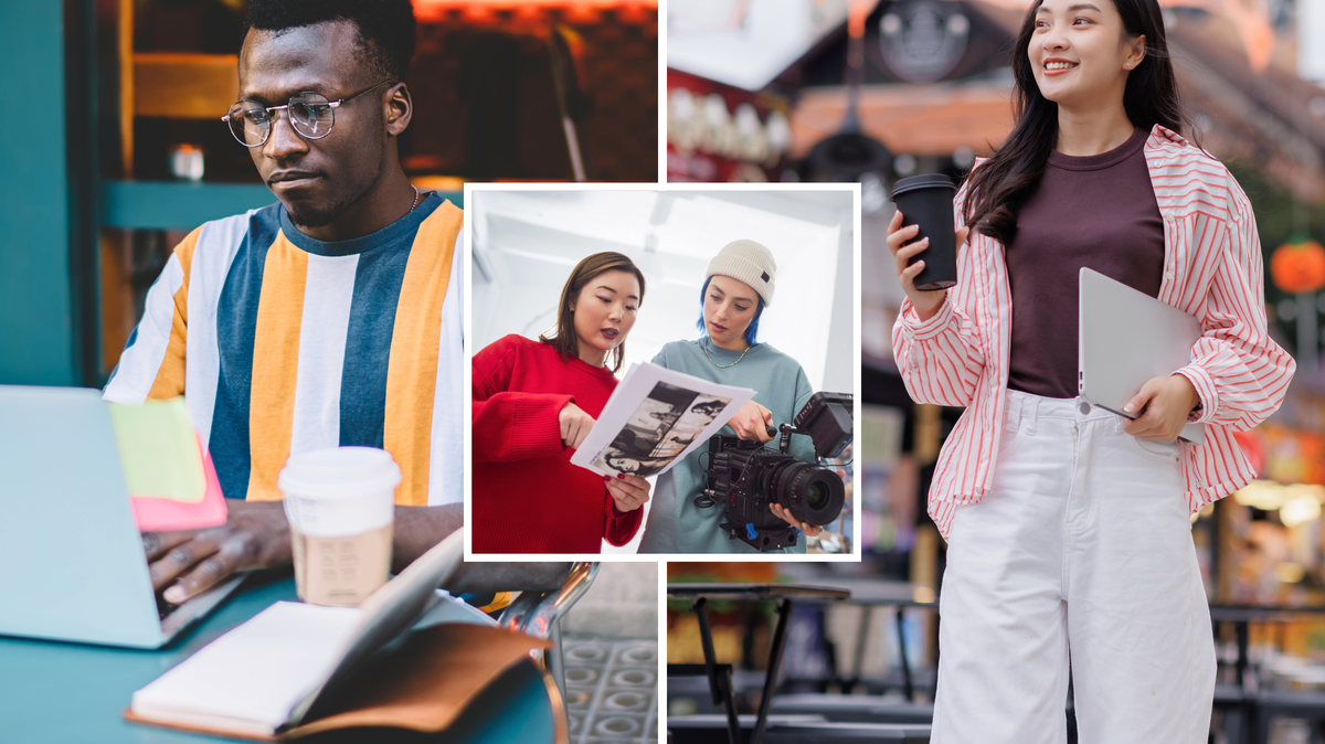 From left: a man works on a laptop at a cafe; two creatives work at a photo shoot; and a woman walking outdoors holding a laptop and coffee cup. 