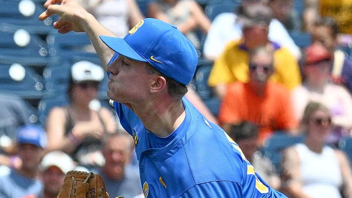  Jun 14, 2025; Omaha, Neb, USA; UCLA Bruins starting pitcher Michael Barnett (55) throws against the Murray State Racers during the first inning at Charles Schwab Field. Mandatory Credit: Steven Branscombe-Imagn Images | Steven Branscombe-Imagn Images 