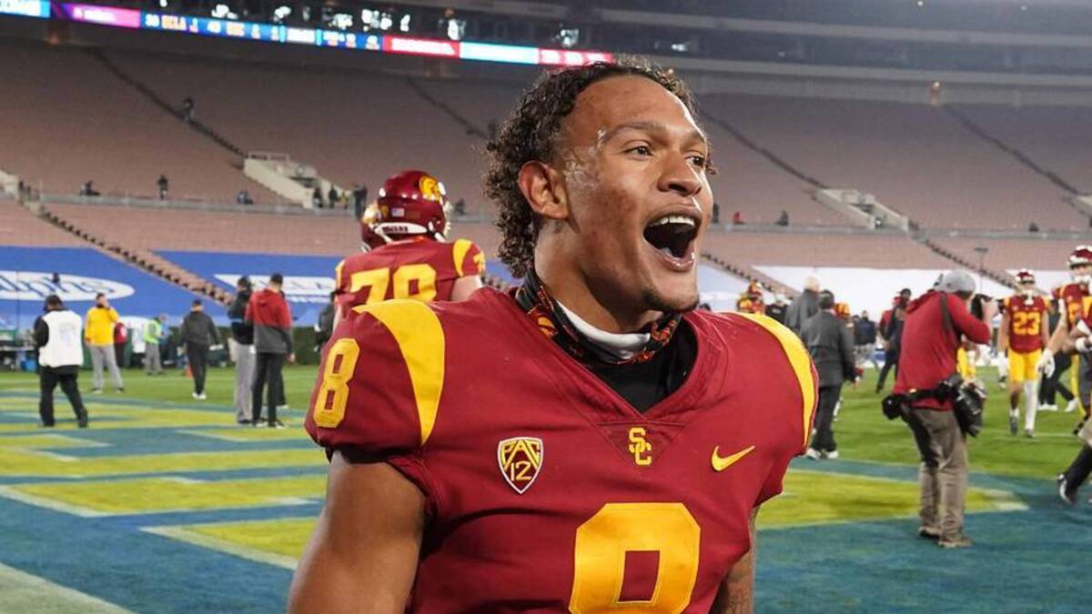  Dec 12, 2020; Pasadena, California, USA; Southern California Trojans wide receiver Amon-Ra St. Brown (8) celebrates at the end of the game against the UCLA Bruins at Rose Bowl. USC defeated UCLA 43-38. Mandatory Credit: Kirby Lee-Imagn Images | Kirby Lee-Imagn Images 