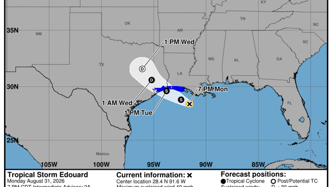 Monday, Aug. 31: System receives name Tropical Storm Edouard with latest NHC advisory 