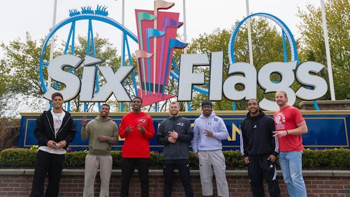  Several New England Patriots players took part in the team's schedule release video at Six Flags. | Courtesy of the New England Patriots/Eric J. Adler 