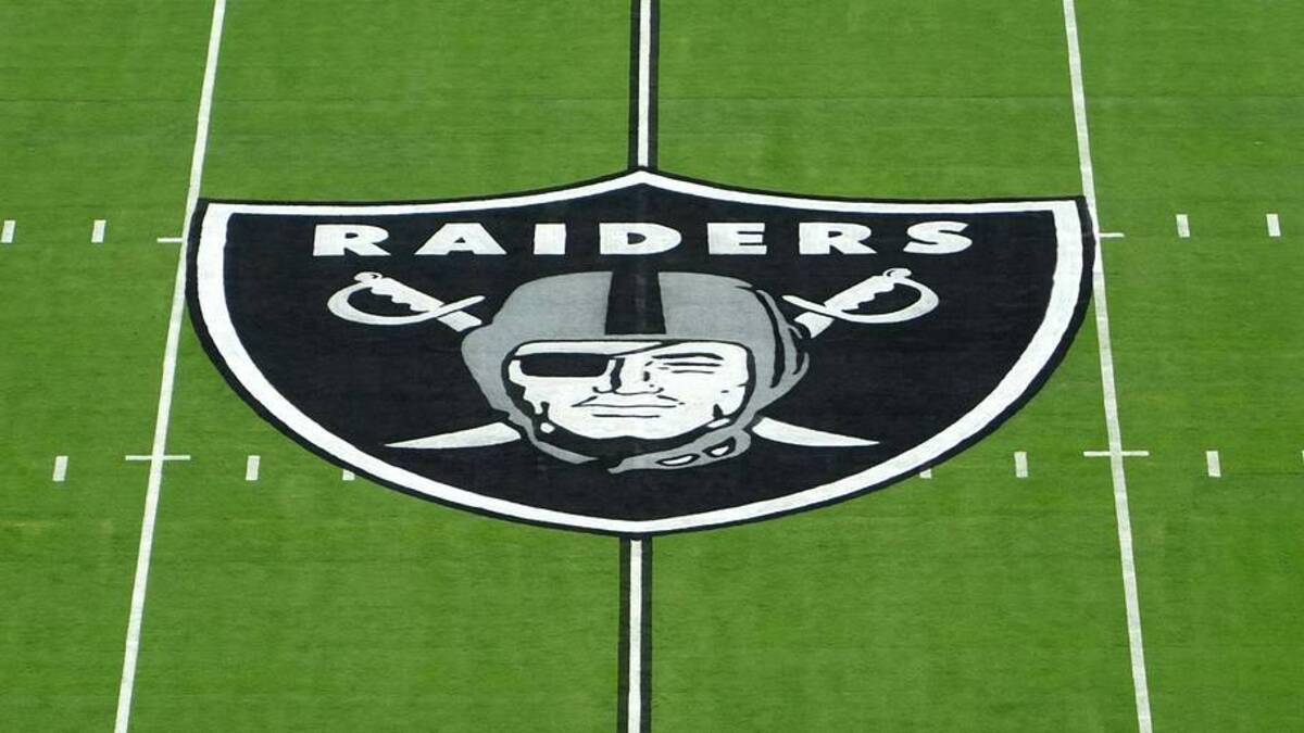  Sep 18, 2022; Paradise, Nevada, USA; The Las Vegas Raiders logo at midfield at Allegiant Stadium. Mandatory Credit: Kirby Lee-USA TODAY Sports | USA TODAY Sports 
