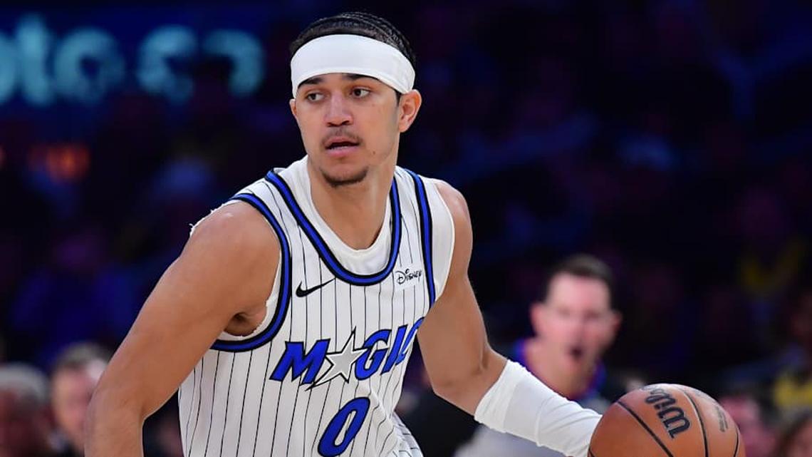  Feb 24, 2026; Los Angeles, California, USA; Orlando Magic guard Anthony Black (0) moves the ball up court against the Los Angeles Lakers during the first half at Crypto.com Arena. Mandatory Credit: Gary A. Vasquez-Imagn Images | Gary A. Vasquez-Imagn Images 