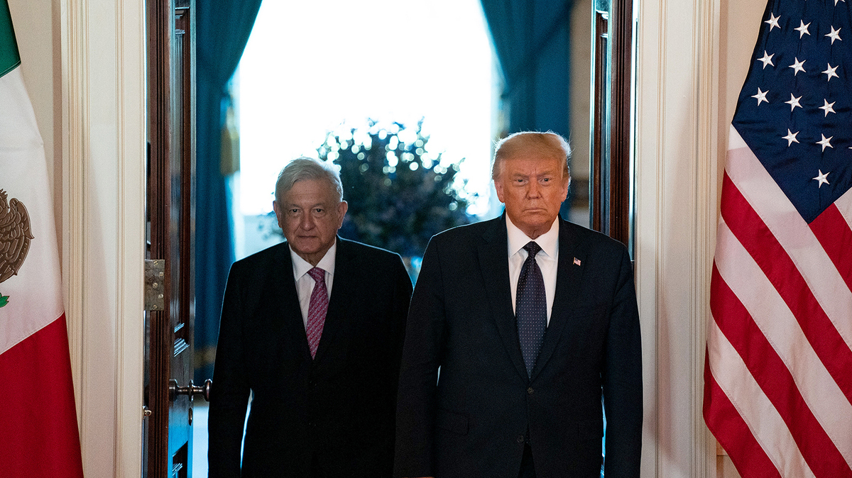 President Andrés Manuel López Obrador of Mexico and U.S. President Donald Trump arrive before speaking before a working dinner at the White House July 8, 2020, in Washington, D.C. (Anna Moneymaker/Pool/Getty Images/TNS)