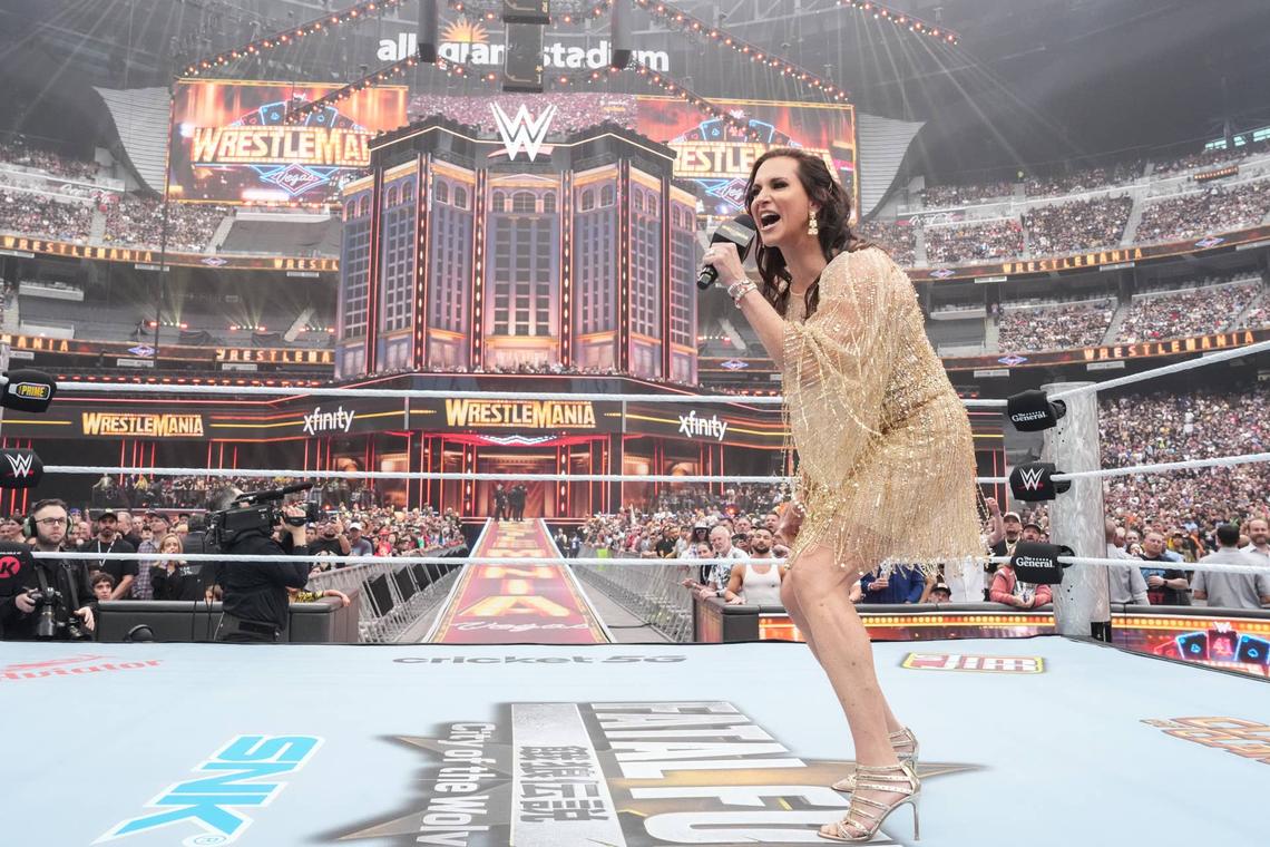  A wide view of the WrestleMania stage and crowd as Stephanie McMahon appears during a WWE event in Las Vegas. Getty Images