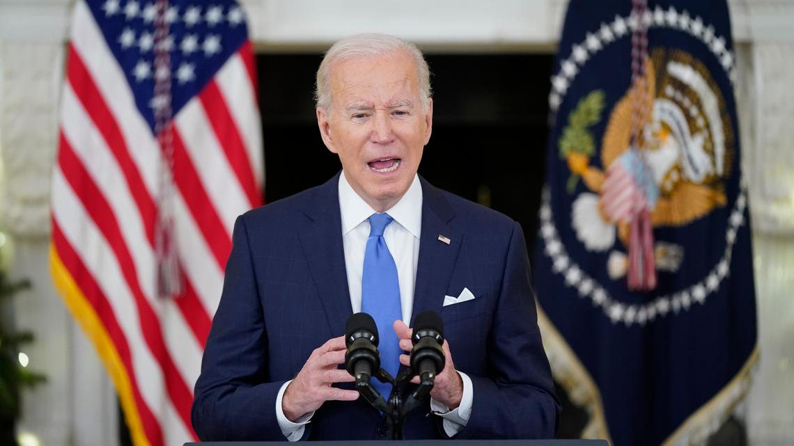 President Joe Biden speaks about the COVID-19 response and vaccinations, Tuesday, Dec. 21, 2021, in the State Dining Room of the White House in Washington. (AP Photo/Patrick Semansky)