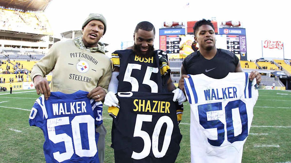  Nov 3, 2019; Pittsburgh, PA, USA; Pittsburgh Steelers linebacker Ryan Shazier (left) and Indianapolis Colts middle linebacker Anthony Walker (middle) and Steelers linebacker Devin Bush (right) trade jerseys after their game at Heinz Field. Pittsburgh won 26-24. Mandatory Credit: Charles LeClaire-Imagn Images | Charles LeClaire-Imagn Images 