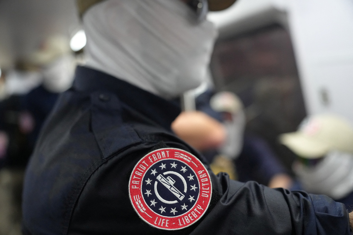 A sleeve patch of a Patriot Front group member aboard the metro, on the 250th anniversary of U.S. independence in Washington, D.C., U.S., July 4, 2026. REUTERS/Nathan Howard