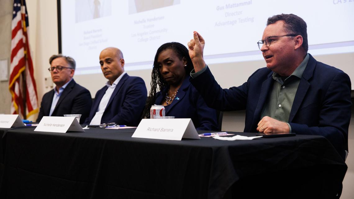 Richard Barrera, president of the San Diego Unified School District board, speaks during a candidate forum for California superintendent of public instruction at San Diego City College, on Thursday, April 16, 2026. The other candidates who participated, from right, are Nichelle Henderson, trustee with Los Angeles Community College District, Gus Mattamal, director of Advantage Testing,
and Josh Newman, former state senator. (Kristian Carreon / The San Diego Union-Tribune)