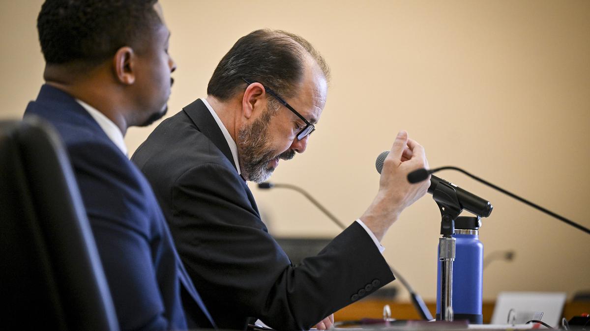 Senate Majority Leader Robert Rodriguez, right, speaks as Senate President James Coleman listens during a committee hearing on artificial intelligence regulations at the Colorado State Capitol Building in Denver on Tuesday, May 4, 2026. (AAron Ontiveroz/The Denver Post/TNS)