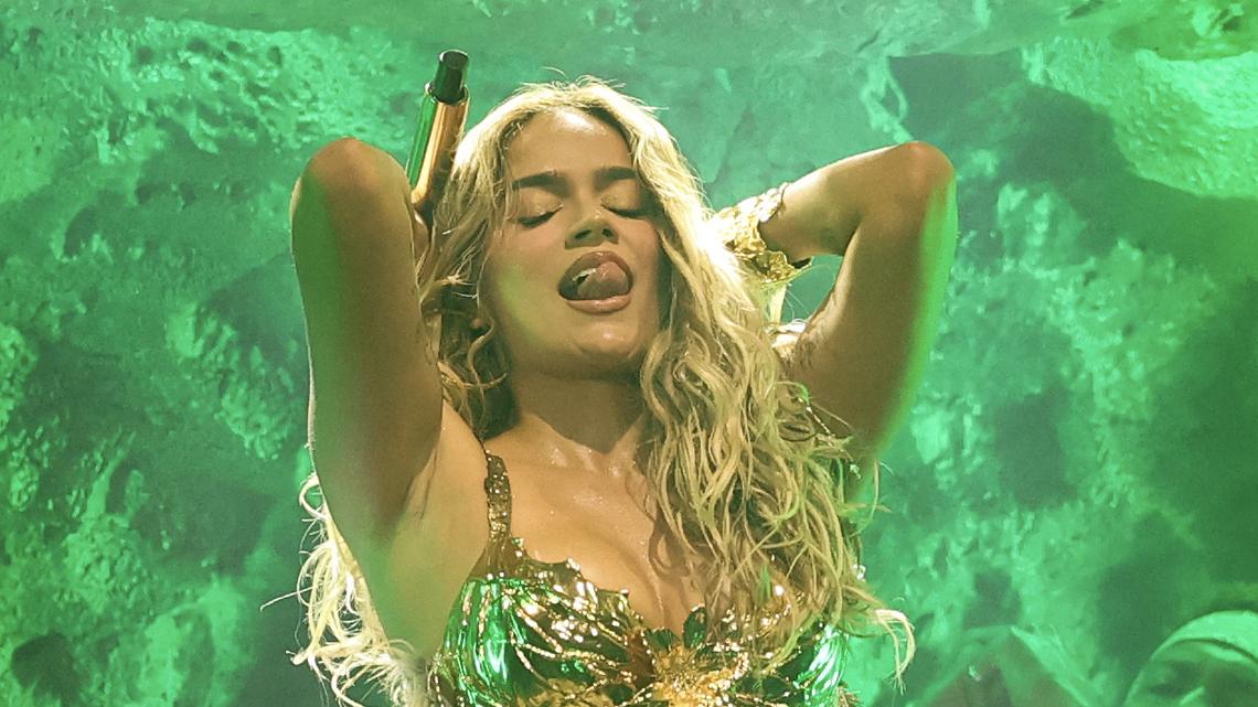 Colombian singer Karol G performs on the Coachella stage during the 2026 Coachella Valley Music and Arts Festival in Indio, California on April 12, 2026. (Photo by VALERIE MACON / AFP via Getty Images)