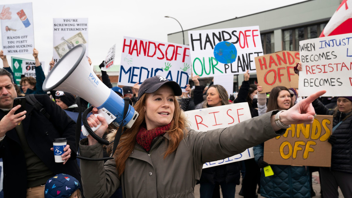 Michigan Sen. Mallory McMorrow, here joining protesters in Ferndale on April 5, 2025, dropped out of the race for the Democratic nomination for the state's open U.S. Senate seat on July 5, 2026.