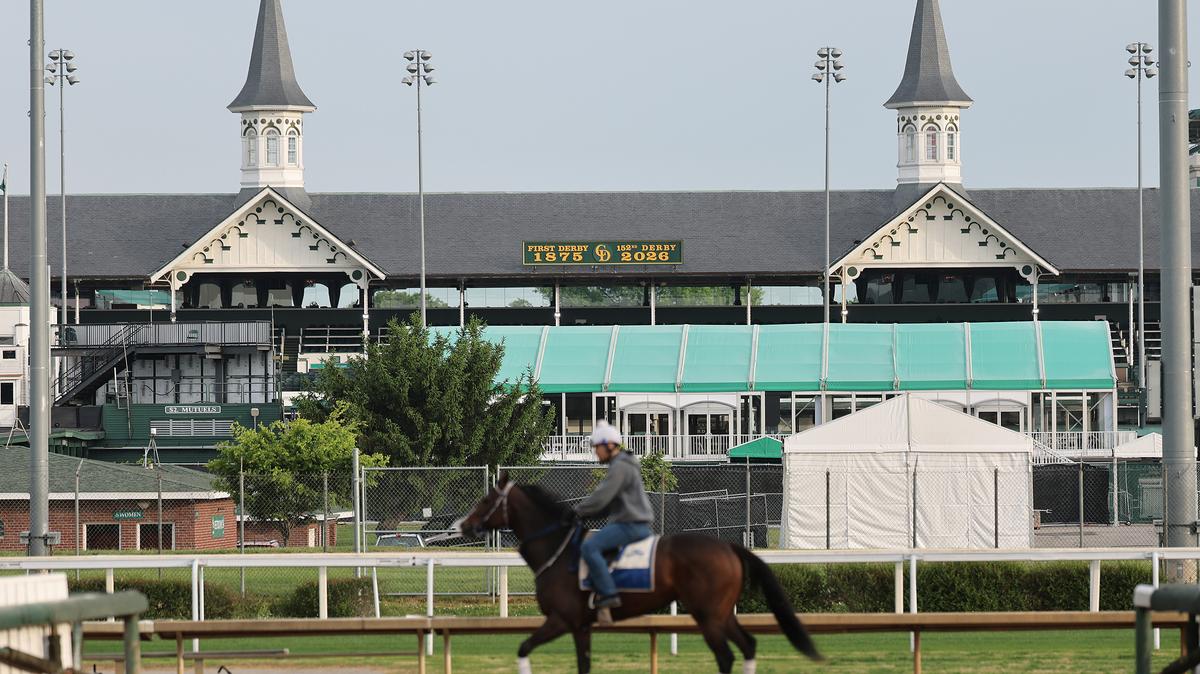 Horses train beneath the Twin Spires during morning workouts ahead of the running of the 152nd Kentucky Derby at Churchill Downs on April 27, 2026, in Louisville, Kentucky. (Michael Reaves/Getty Images/TNS)